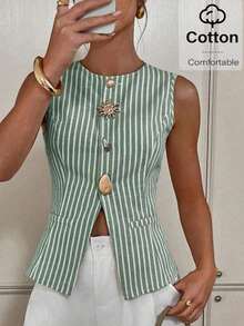 Camiseta de tirantes de verano informal con botones delanteros a rayas para uso diario de mujeres - Verde Oscuro - Ver 8