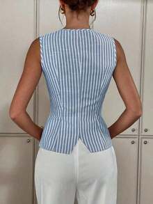 Camiseta de tirantes de verano informal con botones delanteros a rayas para uso diario de mujeres - Celeste - Ver 3
