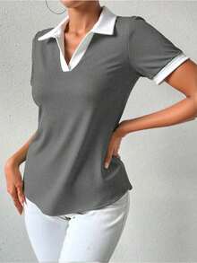 Camiseta de mujer con cuello polo, manga corta, estampado de lunares y parches - Gris - Ver 4