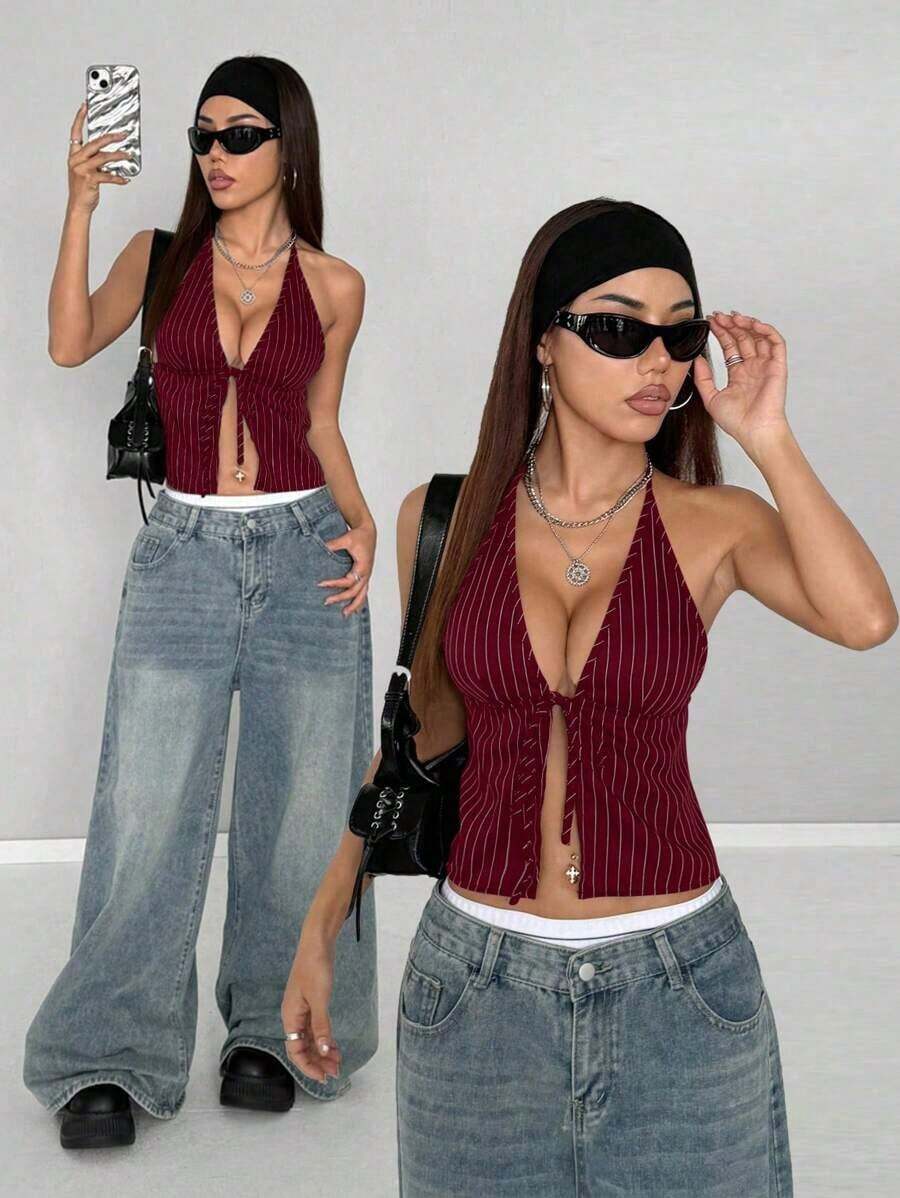 Parte superior de camisa de tirantes con cuello halter a rayas, camiseta de gráficos de verano para mujer - Burdeos - Ver 1