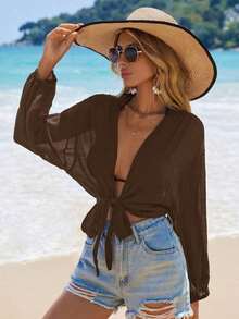 Swim Vcay Kimono corto de manga larga de unicolor y uso diario minimalista para mujer - Marrón - Ver 3