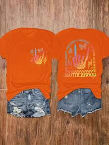 Talla Grande - Talla Grande - Camiseta Casual de Talla Grande con Estampado de Letras en Ambos Lados - Rojo anaranjado - Ver 4