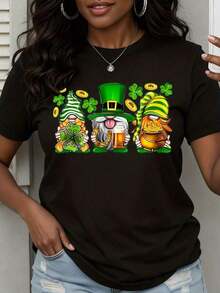 1 Piece St. Patrick's Day Leprechaun Gnome T-Shirt, Lucky Shamrock, Beer, Gold Chest, Festive Costume T-Shirt For Women, 180g 100% Cotton - 黑色 - 查看 1