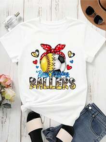 1 Piece Women's Round Neck T-Shirt With Softball And Soccer Ball Print With Red Bow And Hearts, Short Sleeve, Casual Style, For Sporty Moms And Fans, 180g 100% Cotton. - 白色 - 查看 3