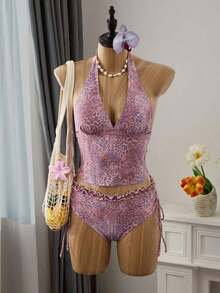 Swim Mod Conjunto de traje de baño de verano con top corto con volantes y estampado de lunares y Bottom de bikini con lazo en la cintura para mujer - Multicolor - Ver 3