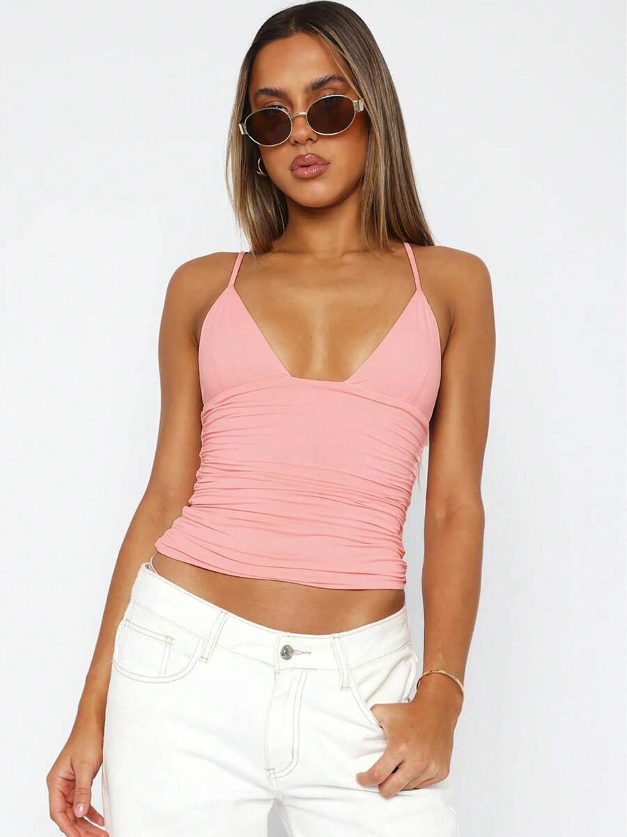 Dulzura-Camisola ceñida fruncida sin mangas para mujer, Top Sexy liso para fiesta y Club, ropa de calle para otoño e invierno Y2K - Rosa - Ver 1