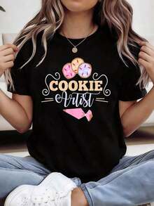 VintageCamisetas gráficas ligeras con ilustraciones de comida, estampado de artista COOKIE, camiseta de talla grande para mujer. Adecuada para estudios de repostería, tiendas de postres, mer - Negro - Ver 6