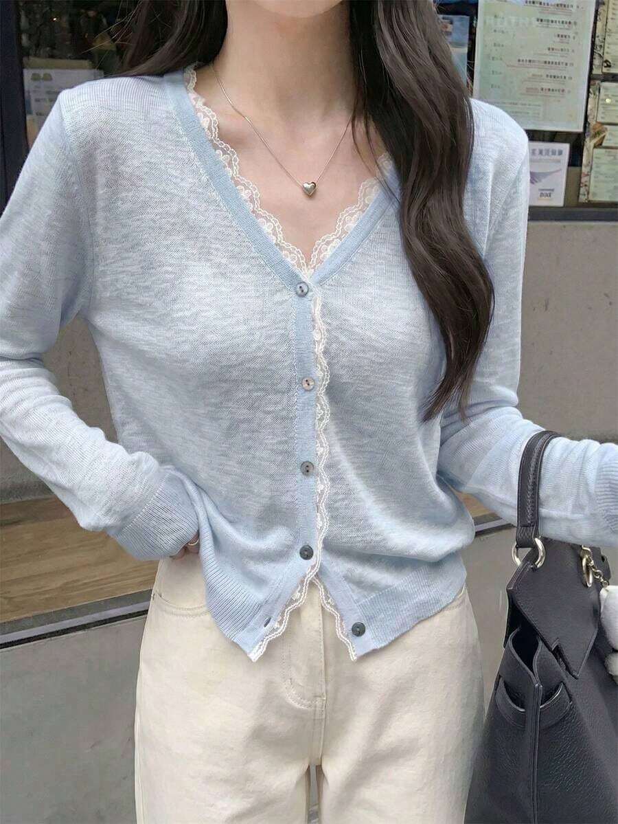 Cubre con encaje ligero para primavera/verano para mujer, prenda exterior de manga larga delgada - Azul - Ver 1