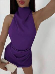 Vestido mini plisado con espalda descubierta y atar para mujer, de estilo minimalista - Morado - Ver 4