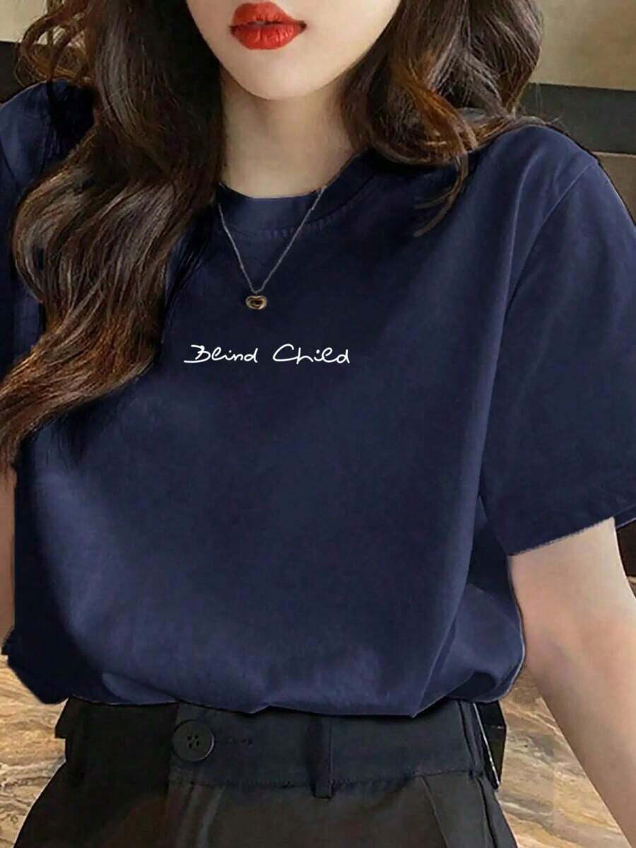 Made In Japan, Spring/Summer Cotton Short Sleeve T-Shirt, Round Neck, Loose Fit, Versatile, With Simple English Letter Print - Navy Blue - View 1