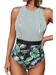 New One-Piece Swimsuit With Striped Print And Triangle-Shaped Leaf Design For Women. - Green Stripes + Black Flowers - View 11
