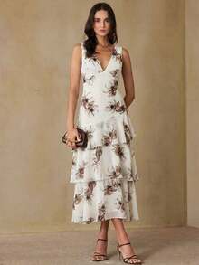 Aveloria Revavyn Vestido maxi elegante y grácil de mujer con escote en V profundo y sin mangas, de gasa ligera con estampado floral romántico, con cintura ceñida y dobladillo con volantes en capas, adecuado para citas, vacaciones, lujo y delicadeza - Multicolor 2 - Ver 1