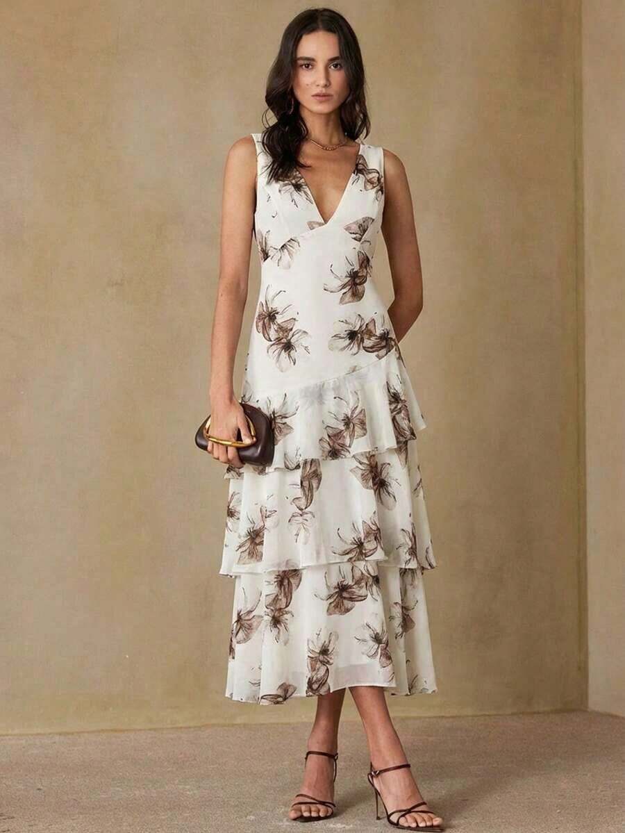 Aveloria Revavyn Vestido maxi elegante y grácil de mujer con escote en V profundo y sin mangas, de gasa ligera con estampado floral romántico, con cintura ceñida y dobladillo con volantes en capas, adecuado para citas, vacaciones, lujo y delicadeza - Multicolor 2 - Ver 1