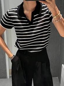 Suéter de mujer con cuello y mangas cortas a rayas para otoño - Blanco y Negro - Ver 9
