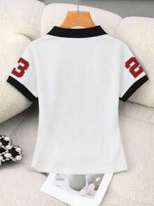 Blusa casual de mujer con cuello polo a rayas y manga corta - Blanco y Negro 6 - Ver 2