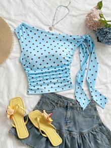 para mujeres que salen a la playa en verano, vacaciones, parte superior de mujer de color amarillo claro con hombros asimétricos, tirantes de lazo, fluida y ajustada, adecuada para fiestas, vacaciones, festivales de música, estilo bohemi - Celeste 2 - Ver 1