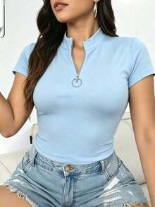 Camiseta casual de mujer de manga corta con cuello mao y unicolor, para verano - Celeste - Ver 3