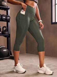 Mallas deportivas de cintura ancha con bolsillo para teléfono, pantalones de yoga para mujer - Verde militar - Ver 1