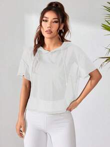 Sudadera deportiva con capucha, holgada, con hombro caído, manga corta y perspectiva suelta de unicolor para mujeres - Blanco - Ver 4