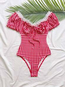 Body de mujer con volantes y lazo delantero, estampado de cuadros y cerezas para vacaciones - Multicolor - Ver 3