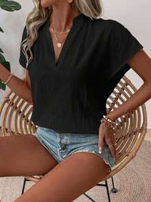 Blusa de mujer de unicolor con textura y cuello en V de manga corta versátil - Negro - Ver 4