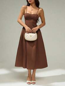 Vestido de verano elegante y estiloso de unicolor con tirantes de espagueti - Marrón - Ver 5