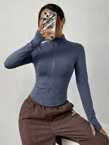 Chaqueta de manga larga de punto ajustada con protección solar para mujer en otoño/invierno, color albaricoque - Gris - Ver 5