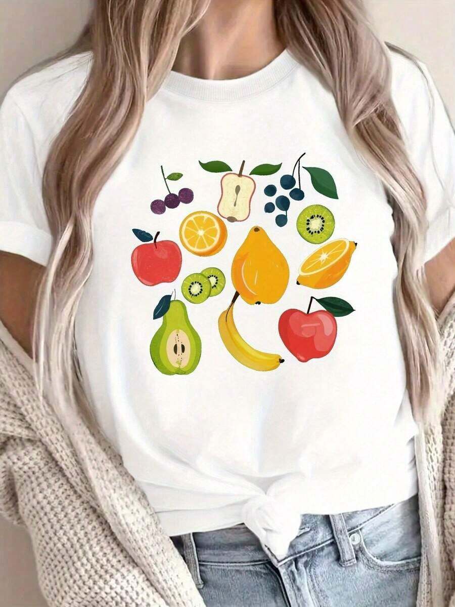 Camiseta Casual con Estampado de Frutas y Cuello Redondo, Camiseta Casual de Manga Corta para Primavera y Verano, Ropa de Mujer a la Moda - Blanco - Ver 1