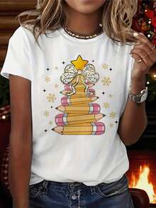 Camiseta Navideña para Maestras con Estampado de Árbol de Lápices - Manga Corta, Cuello Redondo, Estilo Casual con Estampado de Árbol de Lápices y Motivos Navideños, Tela de Elasticidad Media Adecuada para Verano, Primavera y Fiestas Navideñas - Ropa para Educadoras Adecuada para primavera, verano y otoño - Blanco - Ver 6