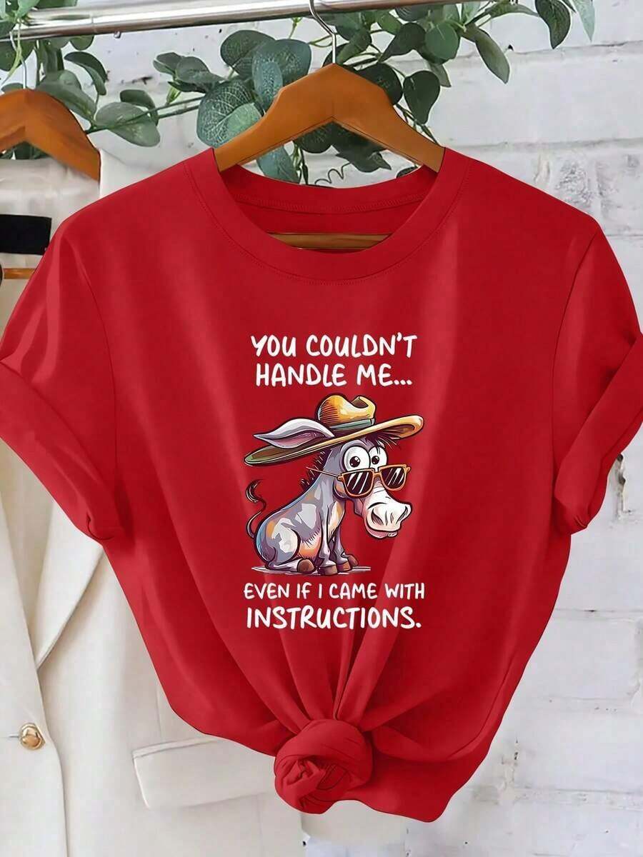 1 Piece Of Women's Botanical Print Cotton T-Shirt, Cool, Breathable, Casual Natural Style, Round Neck, One-Piece, With Fun Letter And Animal Print, Stylish, With "You Can't Control Me" And "Animal Donkey" Prints, For Spring, Summer, Sports, Vacation, Short Sleeve, Casual Holiday Style, Loose And Slimming Retro Fashion, Versatile, Short Sleeve T-Shirt For Women, Ideal For Everyday Wear On Summer Vacation. Suitable For Spring, Summer And Autumn. - 紅色 - 查看 1