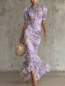 2026 nuevo vestido largo recortado con estampado de manga de burbuja francesa vestido plisado de moda - Morado - Ver 1