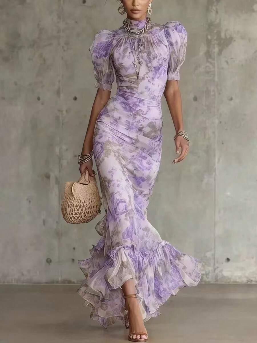2026 nuevo vestido largo recortado con estampado de manga de burbuja francesa vestido plisado de moda - Morado - Ver 1