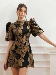 Aveloria Revavyn Vestido corto minimalista de manga corta con cintura ceñida, estampado todo sobre, de estilo bohemio y de vacaciones, con base negra y contraste de color burdeos, manga abullonada y estilo jacquard, para verano, primavera, otoño - Verde - Ver 7