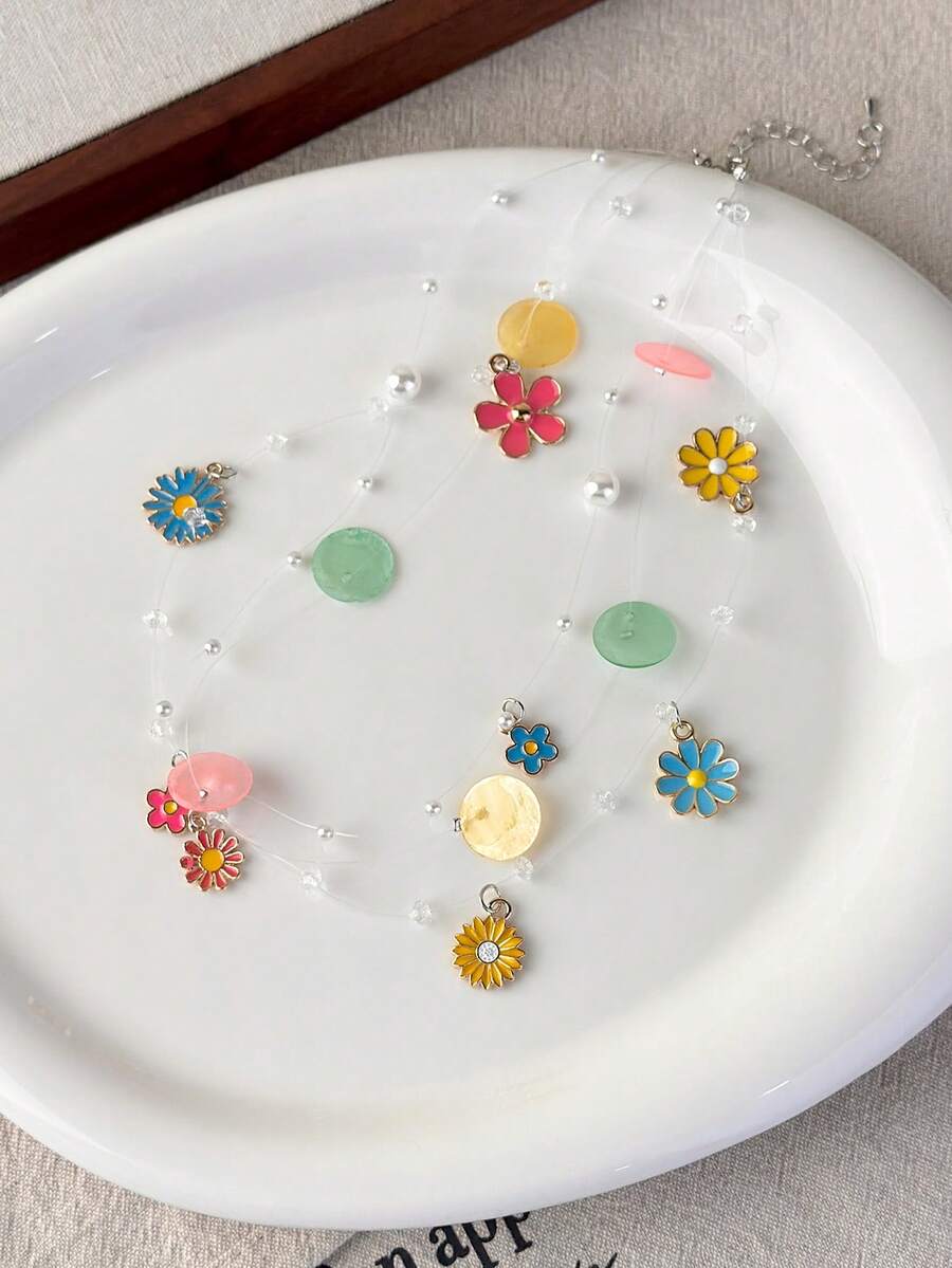 1pc Colorful Daisy Flower Shell Pearl Necklace, Layered Delicate Fishline Choker Necklace, Unique Design Accessory For Women - Necklace - View 1
