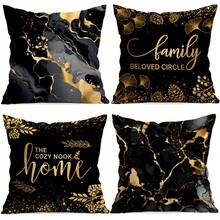4pcs/Set Black & Gold Marble Pattern Text Design Pillow Cover, Single-Sided Printed Cushion Cover, Suitable For Living Room, Bedroom, Home Decor, All Seasons - Multicolor - View 1