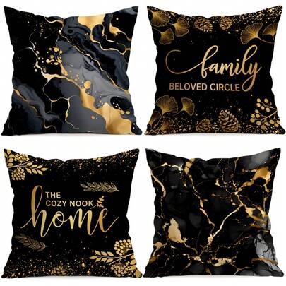 4pcs/Set Black & Gold Marble Pattern Text Design Pillow Cover, Single-Sided Printed Cushion Cover, Suitable For Living Room, Bedroom, Home Decor, All Seasons