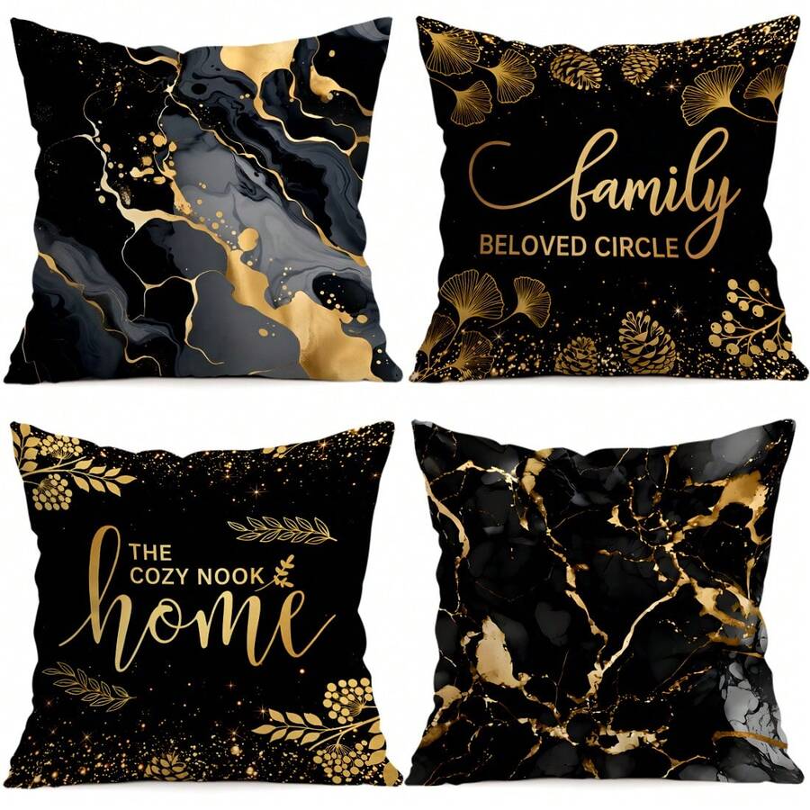 4pcs/Set Black & Gold Marble Pattern Text Design Pillow Cover, Single-Sided Printed Cushion Cover, Suitable For Living Room, Bedroom, Home Decor, All Seasons - Multicolor - View 1