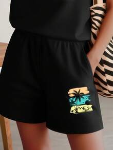 2026 Summer New Arrival, Vintage Color-Block Palm Tree Island Sunset Pattern, Casual Printed Round Neck Short Sleeve Top And Elastic Waist Pocket Shorts Women'S Two-Piece Set - quần short - Xem 2