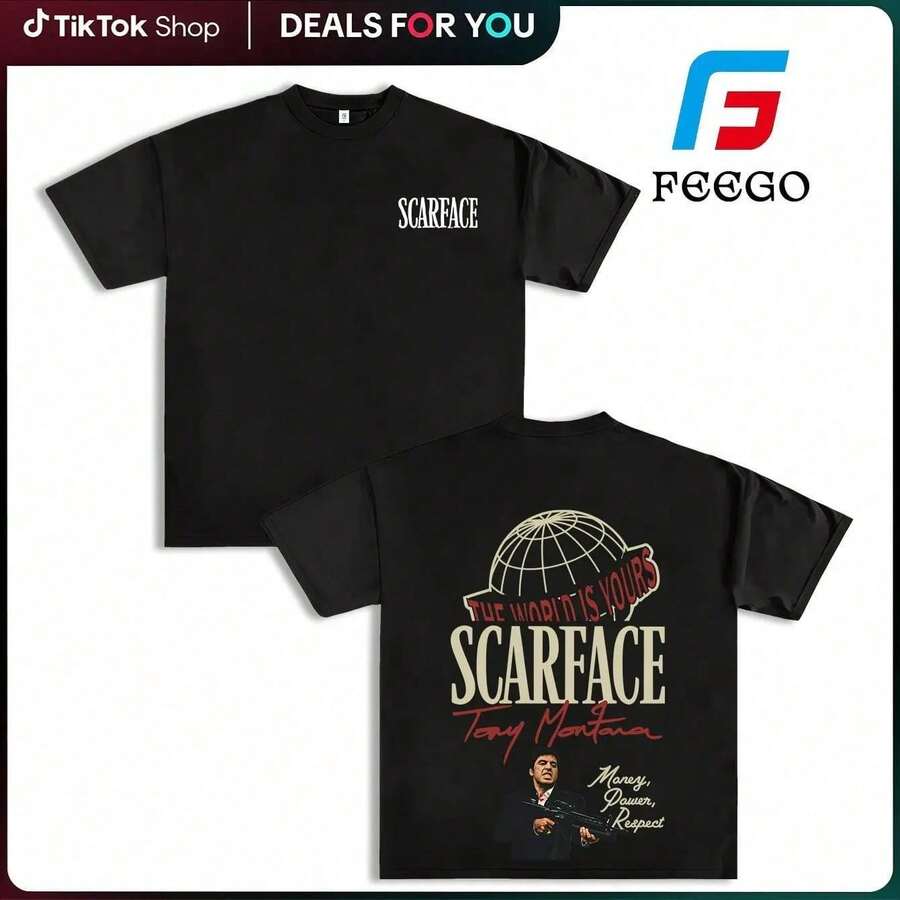 Camiseta gráfica de dos caras FEEGO - Diseño 'El Mundo es Tuyo' con la imagen icónica de Tony Montana, perfecta para fans de películas y entusiastas de la moda urbana.Camiseta casual de cuello redondo para hombre, 100% algodón puro, estilo Y2K.Buena camiseta gráfica, un buen regalo para él. 2HID - Negro - Ver 1
