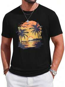 Camiseta de manga corta para hombre Runcati, cuello redondo, diseño casual, estampado de palmeras y atardecer, estilo vintage hawaiano, para verano y playa. TKAL - Negro - Ver 12