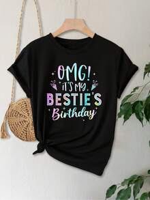 Women's Plus Size Soft Fabric T-Shirt, Loose Fit Birthday T-Shirt For Women - Funny Letter Print And Balloon Confetti With The Phrase "Oh My Gosh! It's My Best Friend's Birthday" - Black With Blue And Pink Lettering - Casual Short-Sleeve Crew Neck T-Shirt, Perfect As A Gift For A Best Friend, For Parties And As A Fashionable Casual T-Shirt For Everyday Wear. - 黑色 - 查看 2