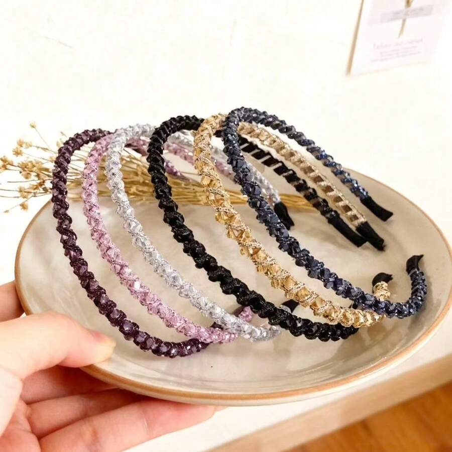 3pcs Rhinestone Beaded Headbands, Elegant Charming Thin Hair Hoop, Sweet Versatile Outdoor Accessories, Women Jewelry Hair Accessories, Shiny Headband Gift Hairband - Multicolor - View 1