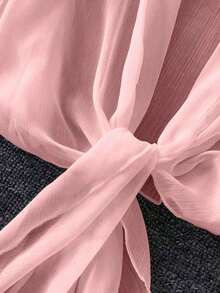 de punto con mangas farol y lazada delantera para mujer, prenda ligera de verano - Rosa - Ver 5