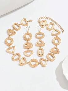 1 Set Fashionable Classic Luxury Minimalist High-End Textured Hollow Geometric (Circle/Square/Triangle) Necklace + Earrings Jewelry Set, Versatile For Women Daily, Date, Party - Yellow Gold - View 2