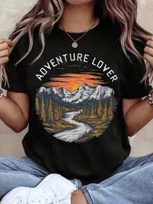Camiseta de Cuello Redondo para Mujer, Estampado de Montaña, Atardecer, Bosque y Río, Manga Corta, Casual, para Viajes al Aire Libre - Negro - Ver 6