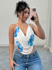 Camiseta ajustada con cuello en V profundo y estampado floral de malla elegante y sexy para mujer, ideal para el verano y las vacaciones - Azul - Ver 6