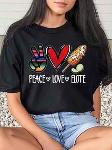 1 Piece Women's T-Shirt With Peace Corn Graphic Print, Casual Festival Style, Round Neck, Short Sleeve, Comfortable, 220g/180g, 100% Cotton - 黑色 - 查看 1