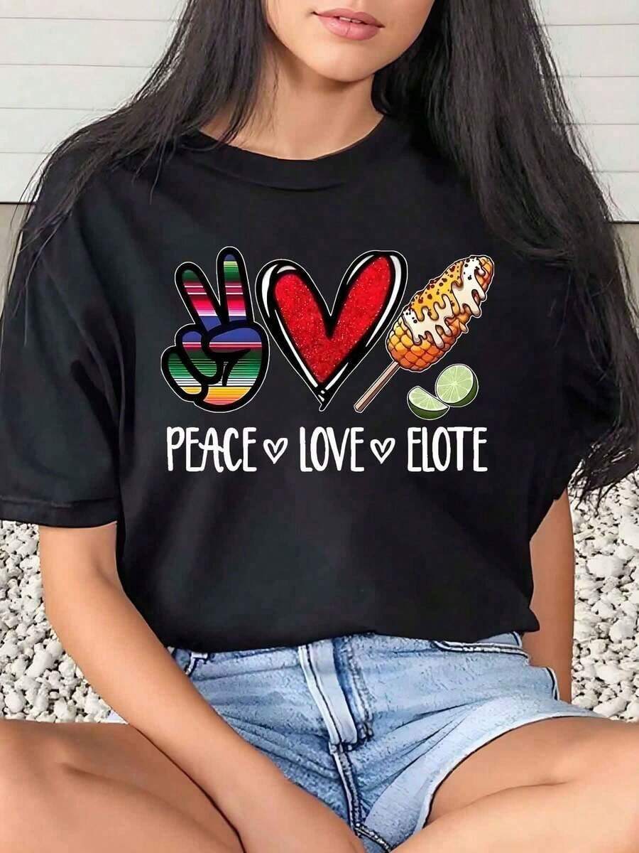 1 Piece Women's T-Shirt With Peace Corn Graphic Print, Casual Festival Style, Round Neck, Short Sleeve, Comfortable, 220g/180g, 100% Cotton - 黑色 - 查看 1