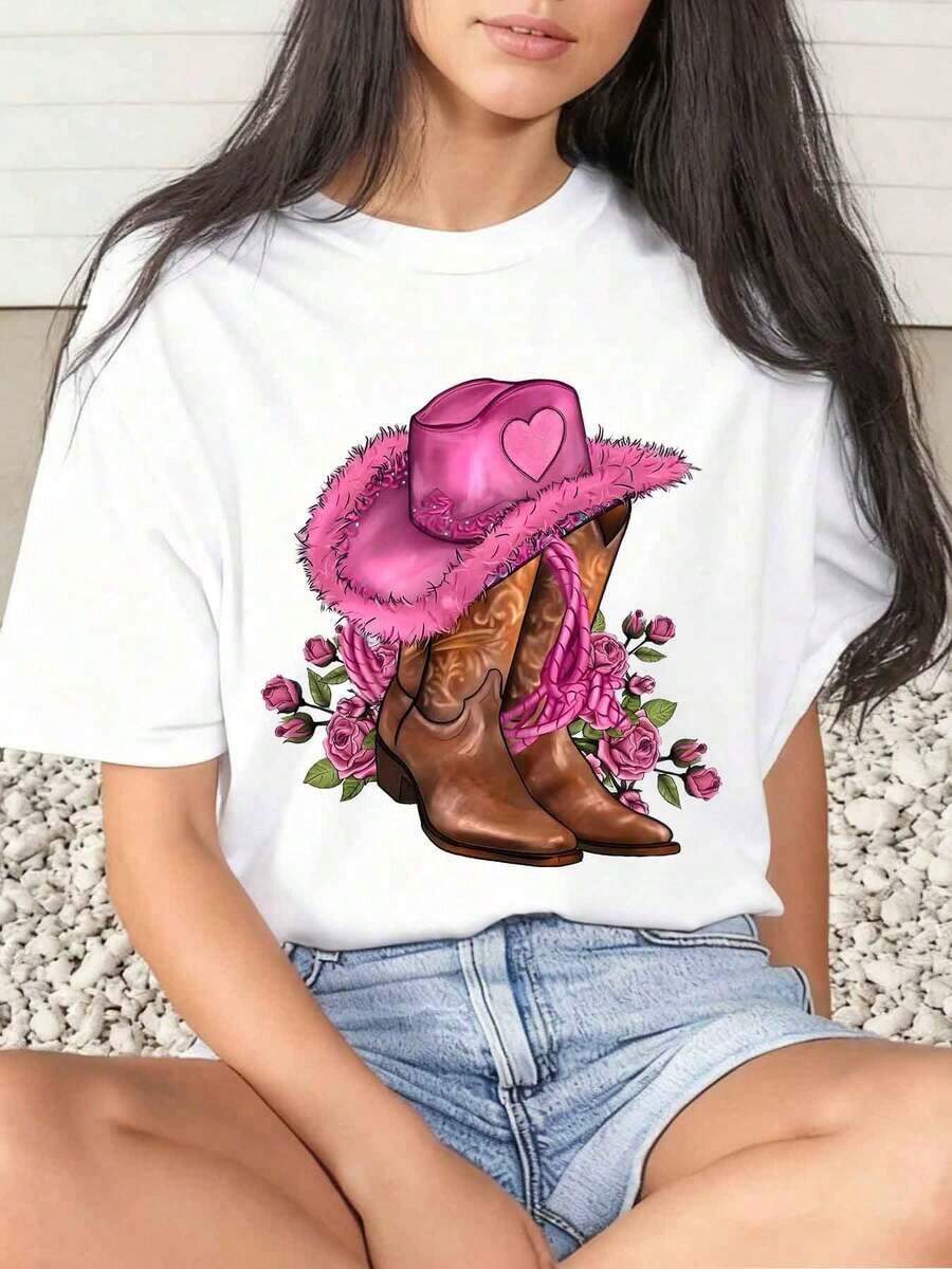 1 Piece Women's T-Shirt With Cowgirl Hat And Boots Print With Roses For Valentine's Day, Casual, Round Neck, Short Sleeve, Soft And Comfortable, 220g/180g, 100% Cotton - 白色 - 查看 1