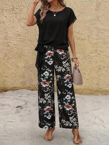 Clasi Conjunto de 2 piezas de camisa con lazo verde minimalista casual y pantalones rectos sueltos con estampado geométrico, adecuado para principios de otoño - Negro - Ver 8